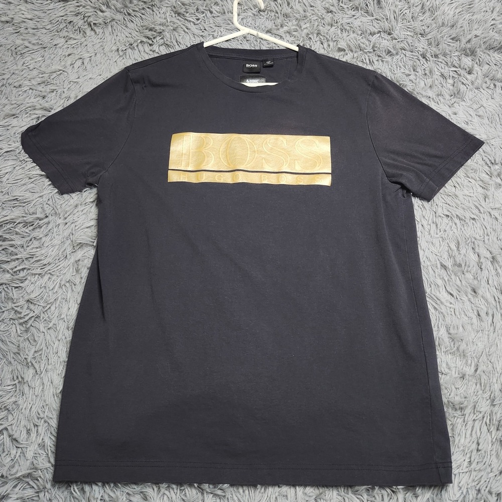 Hugo Boss TShirt Mens Medium Black Gold Graphic Logo Bionic Recycled Cotton Tee